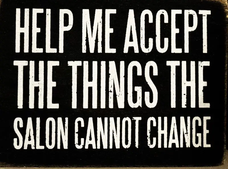 White text on a black background reads: "Help me accept the things the salon cannot change, including styling and haircuts. Androgyny Hair in Belleville, NJ