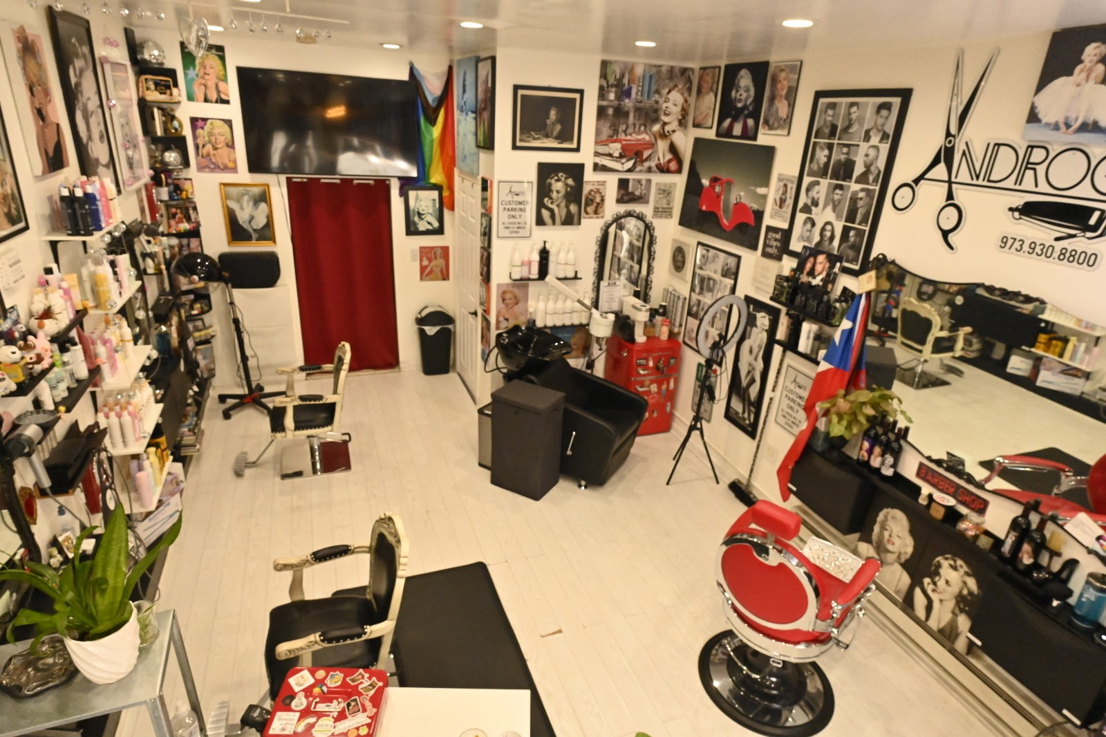 A hair salon with vintage decor, wall art, salon chairs, hair products on shelves, mirrors, plants, and a large scissors logo on the wall. Androgyny Hair in Belleville, NJ